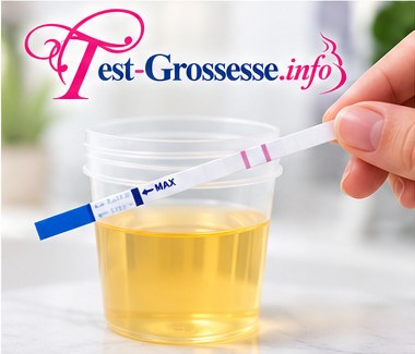 Bandelette plongée jusqu’au repère dans un flacon d’urine.